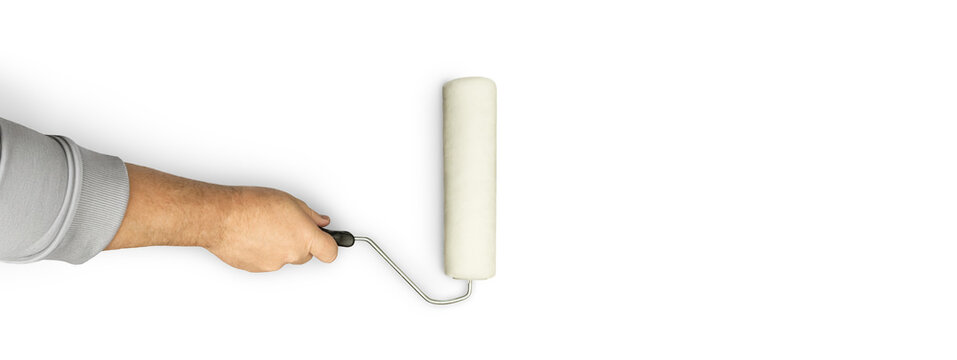 Male Hand Using Paint Roller on Transparent Background. Transparent PNG..