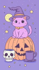 Fototapeta premium A cute purple cat sitting on top of a pumpkin, wearing a witch hat, with a...