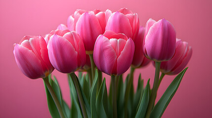 Fototapeta premium Vibrant Pink Tulips in Full Bloom Against a Soft Pink Background with Lush Green Leaves