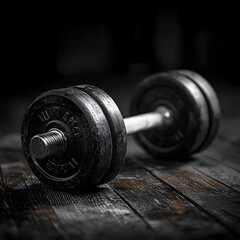 Fototapeta premium Monochrome Gym Scene: A Close-Up of a Dumbbell on a Textured Floor Capturing the Essence of Strength, Fitness, and Focus