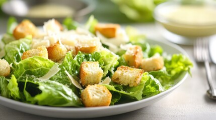 Fresh and Appetizing Caesar Salad with Croutons, Parmesan, and Dressing on Table in Soft Daylight