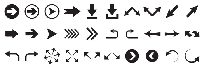 Arrow icon collection set. Containing download, upload, refresh, reload, shuffle, sync, expand icon. Simple line vector.