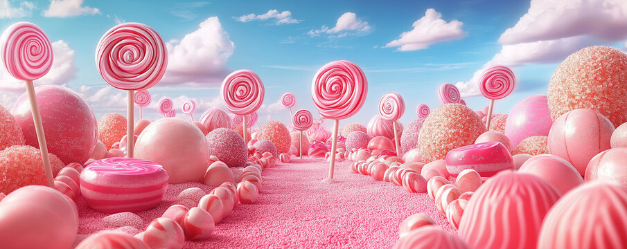 Surreal candy land with pink sweets, lollipops, and fluffy clouds under blue sky, whimsical wonderland concept