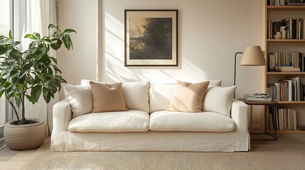 Beautiful Living Room with a Modern Bookshelf and Sleek Electric Lamp photo