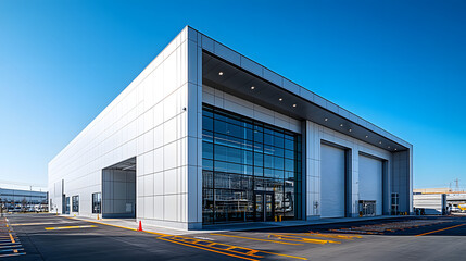 Obraz premium Modern Industrial Facility: Sleek Architecture of a Large Warehouse Building Under a Clear Blue Sky
