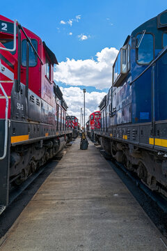 May 18, 2024 - Warden, Washington, USA: Locomotives on parallel tracks by the diesel pumps at the railyard