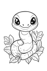 Cute Cartoon Snake with Big Eyes and Leaves Coloring Page