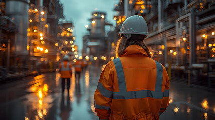 Industrial Team in High-Visibility Gear at Manufacturing Plant: Focus on Safety and Precision Work