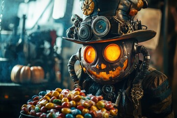 Fototapeta premium Whimsical Steampunk Character with Glowing Eyes and Colorful Candies for Halloween Marketing - Unique Digital Art Illustration for Spooky Season Decorations and Party Planning