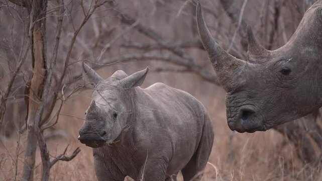 African White Rhino mother and baby are nervous in the wind because they cannot hear danger approaching. Baby rhino is the future of a herd threatened by ivory poaching. Slow motion, 25% natural speed