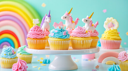 A playful arrangement of cupcakes on a rotating cake stand, each uniquely themed—featuring unicorns, rainbows, and fairy tales—set against a soft pastel rainbow backdrop 