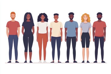 Fototapeta premium Group of six diverse individuals standing together representing unity inclusion and diversity in a modern illustration style with flat design elements