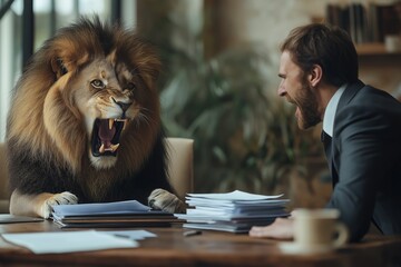 Lion and businessman in intense discussion for office stress or highpressure work environment concepts