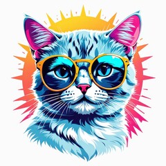 Fototapeta premium A stylized illustration of a cat wearing sunglasses with a colorful background.