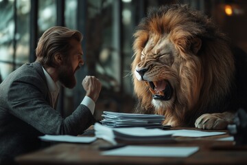 Office confrontation between man and lion portrays conflict, power struggle, and determination in a workplace setting