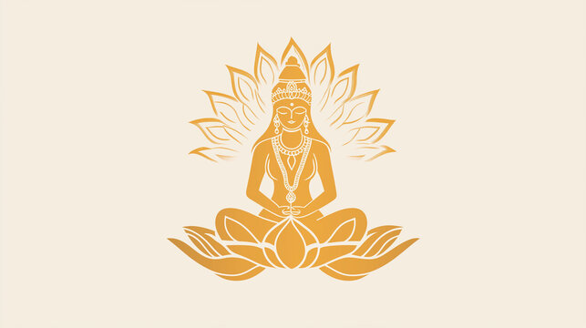 Golden Lotus with Goddess Lakshmi. Diwali on Beige Background, Copy Space Concept.