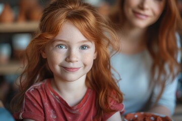 Smiling Redheaded Girl and Mother Engaged in Pottery Activity