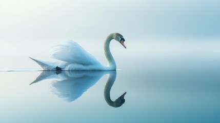 A Single White Swan Swimming in Calm, Misty Water