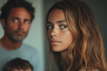 Thoughtful woman with long brown hair gazing ahead, a blurred man and child in the background, serene home environment, photography, family portrait concept