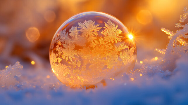 Enchanting Frost-Covered Soap Bubble in Glowing Winter Sunrise - Powered by Adobe