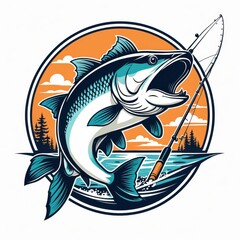 A stylized illustration of a leaping fish with a fishing rod against a scenic backdrop.