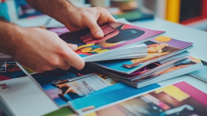 Fototapeta premium Spread of Black Friday ads with bold sale offers and product images, hands interacting with the ads, clean, bright lighting, and modern composition. Black Friday