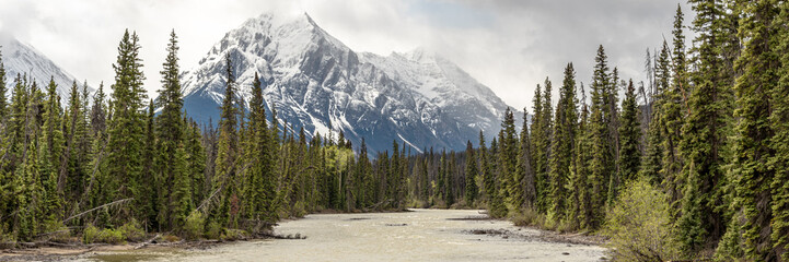 Stunning views along the Athabasca River in Jasper National Park during spring time with immense wilderness in scenic nature area along  the 93A highway. 