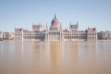 Fototapeta premium the Danube river overflowed and flooded the road in front of the Hungarian parliament in Budapest. september 2024.
