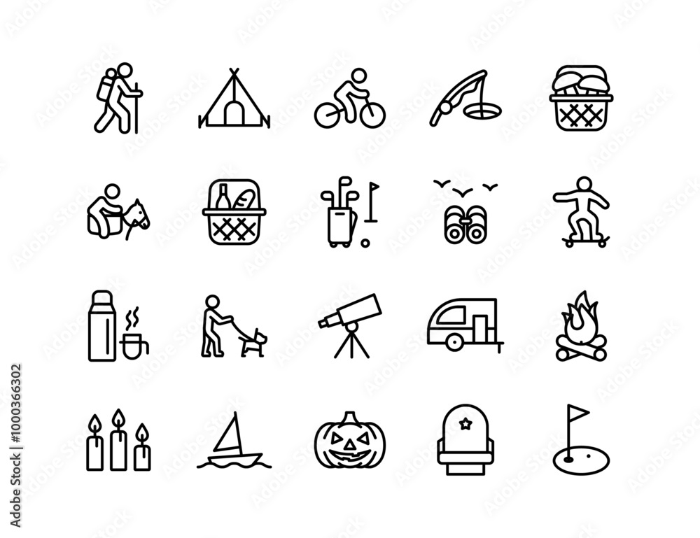 Wall mural Autumn recreation and other activities icon set with adjustable line weight. Outline style icons depicting fall activities such as hiking, camping, fishing, mushroom picking birdwatching and other.