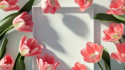 Obraz premium Pink Tulips Frame Mockup - Floral Background