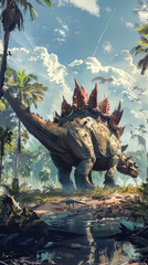 Fototapeta premium Dinosaur is walking through a jungle with a bird flying above it. The dinosaur is a large, long necked creature with a long tail. The jungle is lush and green, with trees and plants all around