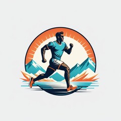 Fototapeta premium A stylized illustration of a runner in a mountainous landscape with a sunrise backdrop.