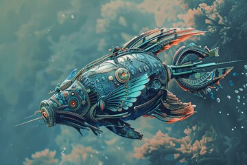 Steampunk mechanical fish swimming gracefully through a vibrant underwater world