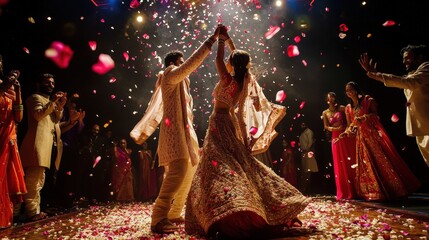 Enchanting Indian Bride and Groom Dancing at Wedding Celebration with Friends and Flower Petals Falling