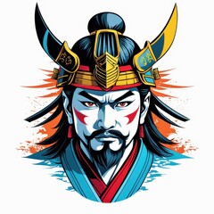 A stylized illustration of a samurai warrior with intricate armor and facial markings.