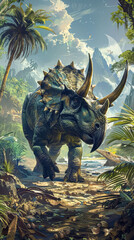 Fototapeta premium Large dinosaur with a horn on its head is walking through a jungle. The scene is full of life and energy, with birds flying overhead and trees surrounding the dinosaur