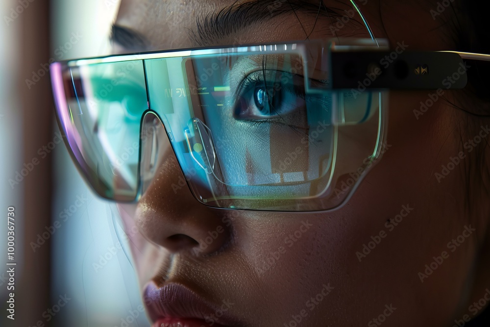 Poster close up of a software developer wearing augmented reality headset working on computer code