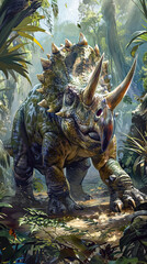 Fototapeta premium Large dinosaur with a horn on its head is walking through a jungle. The scene is full of life and energy, with birds flying overhead and trees surrounding the dinosaur