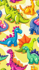 Colorful pattern of dinosaurs with different colors and sizes. The image is a fun and playful representation of these prehistoric creatures
