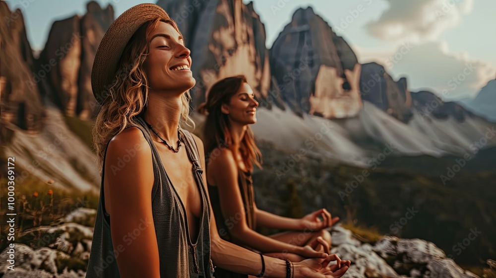 Canvas Prints Cheerful women meditating in the mountains