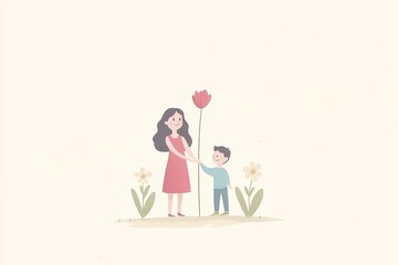 Simple illustration of a child with a flower symbolizing innocence curiosity and love for nature through minimalist lines and soft colors in a calm setting