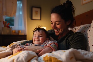 A mother happily soothing and hugging her sleepy baby in the bedroom.