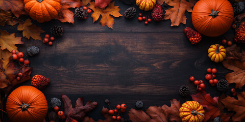 Rustic Autumn Tabletop Arrangement: Pumpkins, pine cones, colorful leaves, and berries artistically arranged on a dark wooden table, embodying the essence of fall and seasonal festivities.