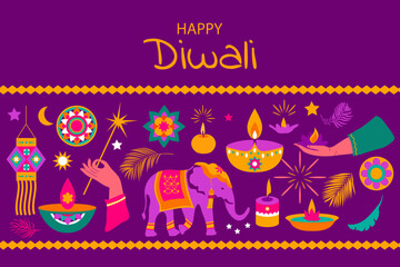 Traditional Indian festival of Diwali lights. Set of attributes for  holiday decor .Vector illustration Iin flat style
