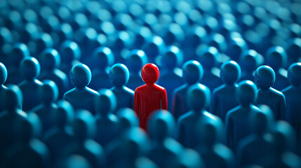 Fototapeta premium In a sea of blue, a red figure represents uniqueness, courage, and inclusion in society. This 3d render symbolizes diversity and individuality