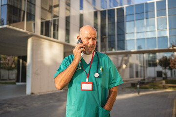 Mature senior man doctor talk on mobile phone in front hospital