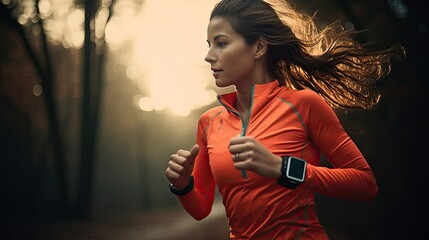 Female runner checking smart watch while running, sunset light.