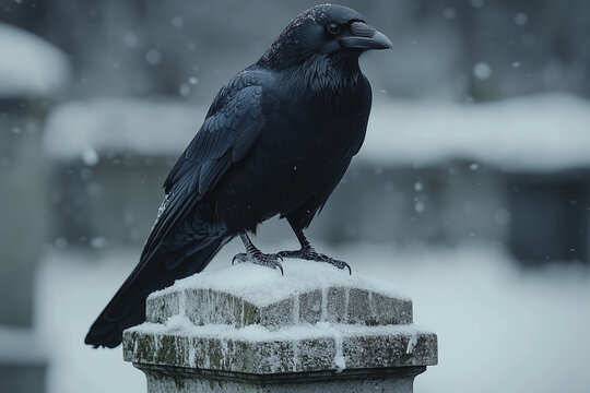 A black crow standing on snowy ground in a winter landscape