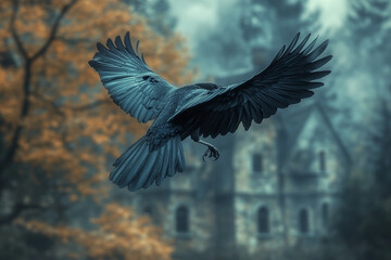 Obraz premium Black-winged crow soars high above the endless blue sky, casting a majestic silhouette against the vast expanse of nature