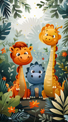 Fototapeta premium Three cartoon animals, a giraffe, a dinosaur, and a dinosaur, are standing in a jungle